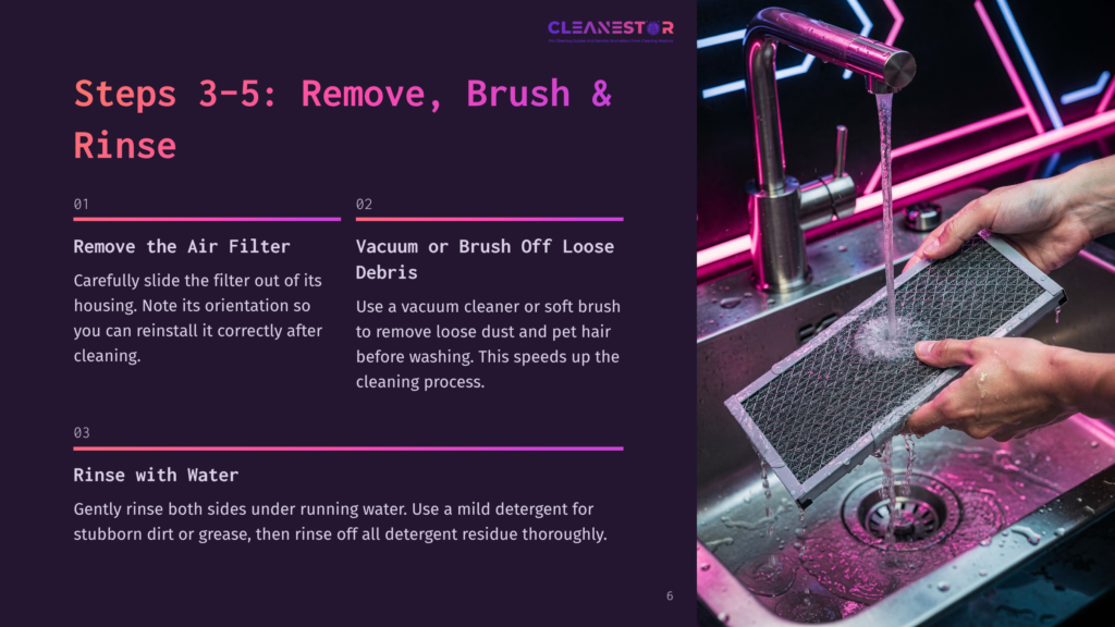 Hands Wash A Metal Air Filter Under Running Water In A Stainless Steel Sink, With A Faucet Above And Neon Pink And Blue Lighting Reflecting In The Background.