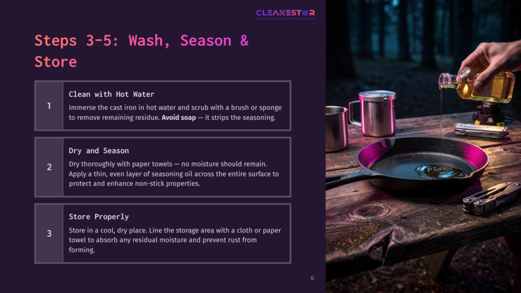 A Camp Scene With A Purple Cast Iron Skillet On A Wooden Table, Accompanied By Metal Cups And Oil, Highlighting Cleaning Steps.