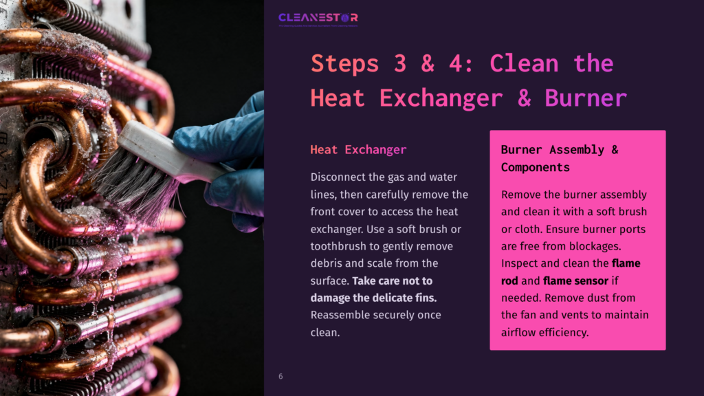 Close-Up Of A Heat Exchanger With Copper Pipes, Showing Detailed Cleaning Instructions. Text Highlights Burner Assembly Components.