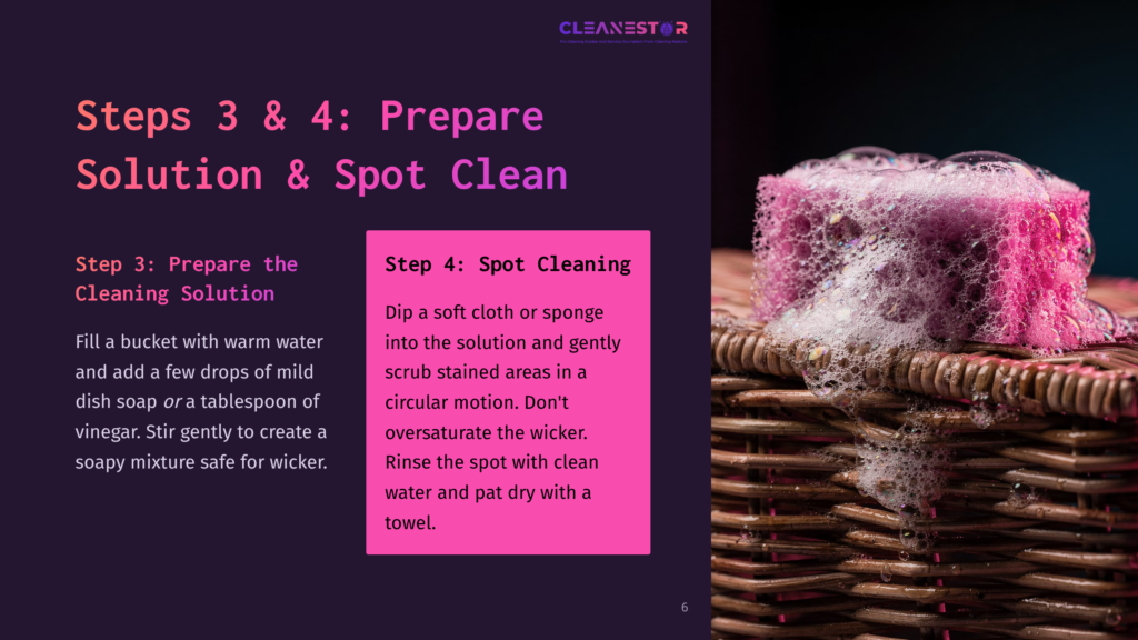 Pink Sponge With Abundant Suds Rests On A Woven Wicker Basket, With Text Overlay Detailing Cleaning Steps For Solution Preparation And Spot Cleaning A Wicker Surface.