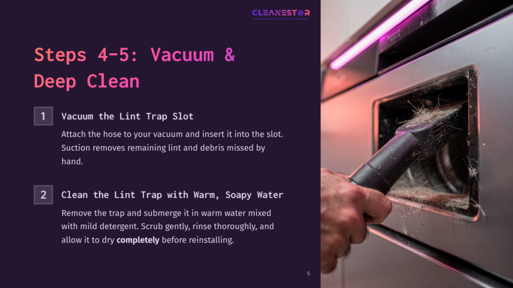 A Hand Holds A Vacuum Cleaner Hose, Sucking Lint And Debris From A Washing Machine'S Lint Trap Slot. The Text &Quot;Steps 4-5: Vacuum &Amp; Deep Clean&Quot; And &Quot;1 Vacuum The Lint Trap Slot&Quot; Is Visible.