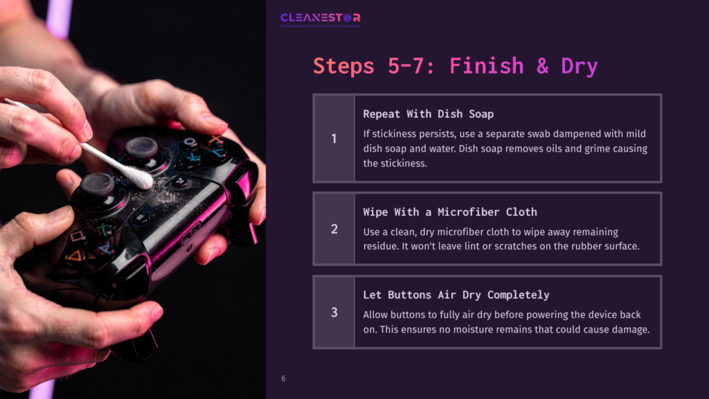 6 Steps 5 7 Finish And Dry A Close-Up Of Hands Cleaning A Black Game Controller With A Cotton Swab, Featuring Instructions On Cleaning Highlighted On The Right.
