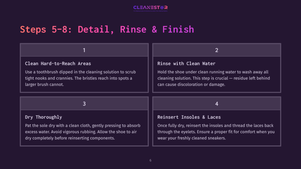 Steps 5-8 For Cleaning Sneakers: Clean Hard-To-Reach Areas, Rinse With Clean Water, Dry Thoroughly, And Reinsert Insoles &Amp; Laces. The Image Shows Four Panels With Instructions And Icons.