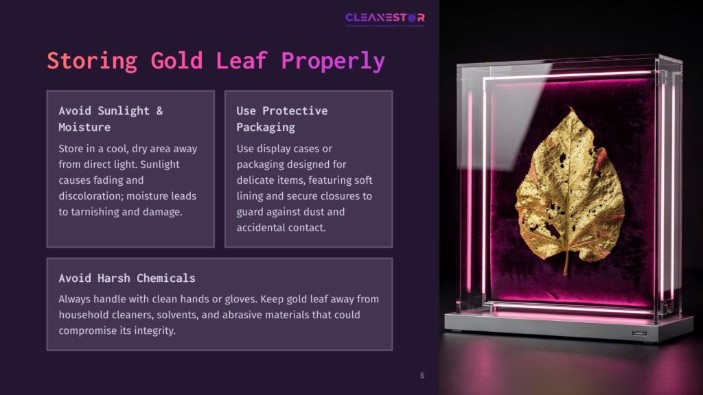 A Gold Leaf Encased In A Clear Display Box, With Purple Background Sections Detailing Care Instructions. Bright Neon Accents Illuminate The Display.