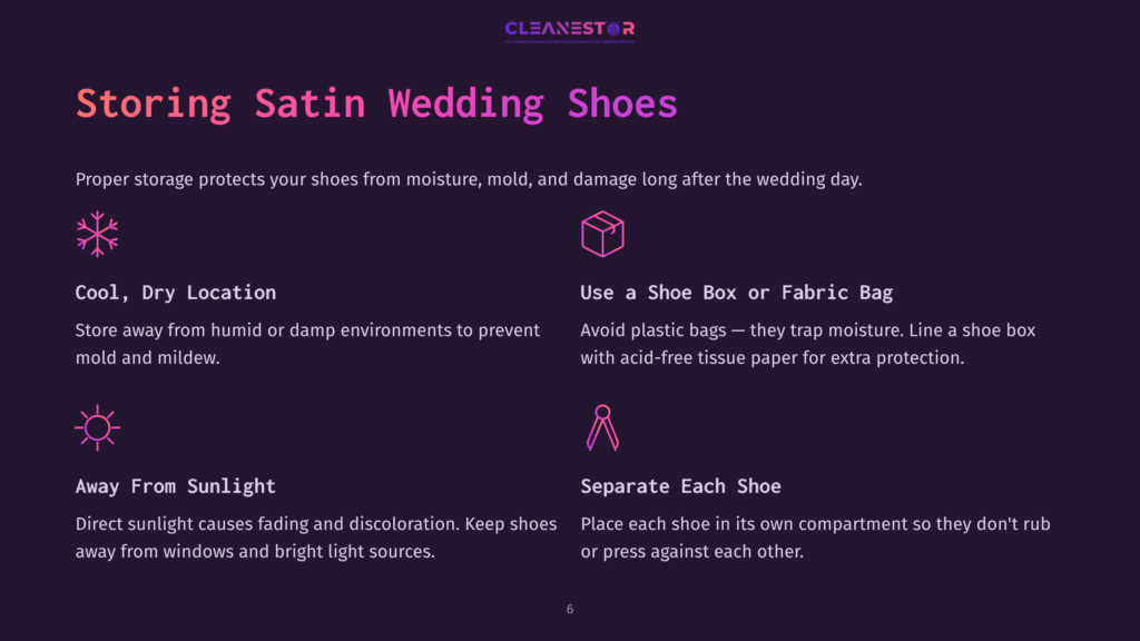 Infographic With Text: &Quot;Storing Satin Wedding Shoes.&Quot; Icons Depict A Snowflake For &Quot;Cool, Dry Location,&Quot; A Shoe Box For &Quot;Use A Shoe Box Or Fabric Bag,&Quot; A Sun For &Quot;Away From Sunlight,&Quot; And Two Separated Shoes For &Quot;Separate Each Shoe.