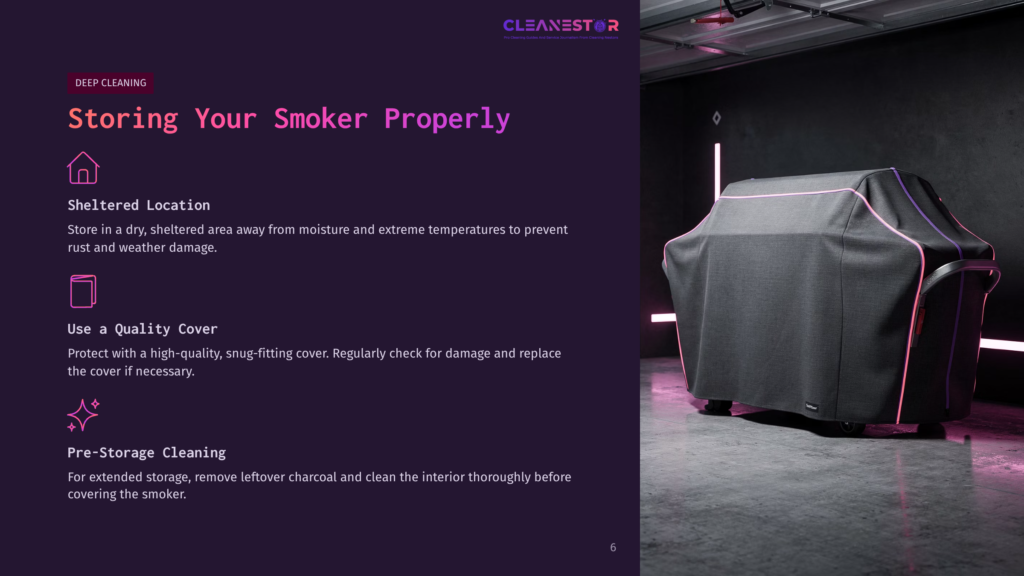 A Covered Oklahoma Joe Smoker In A Dimly Lit Garage, Surrounded By Pink And Purple Accents, Emphasizes Proper Storage And Care Tips.