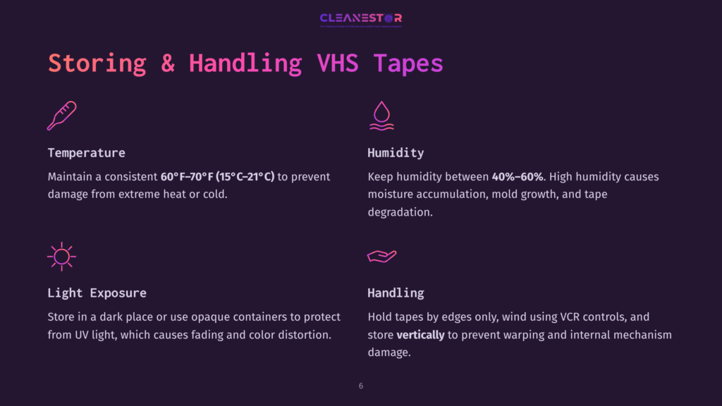 6 Storing And Handling Vhs Tapes Infographic On Storing And Handling Vhs Tapes, Detailing Temperature (60-70°F) And Humidity (40-60%) Guidelines, Light Exposure, And Handling Tips To Prevent Damage.