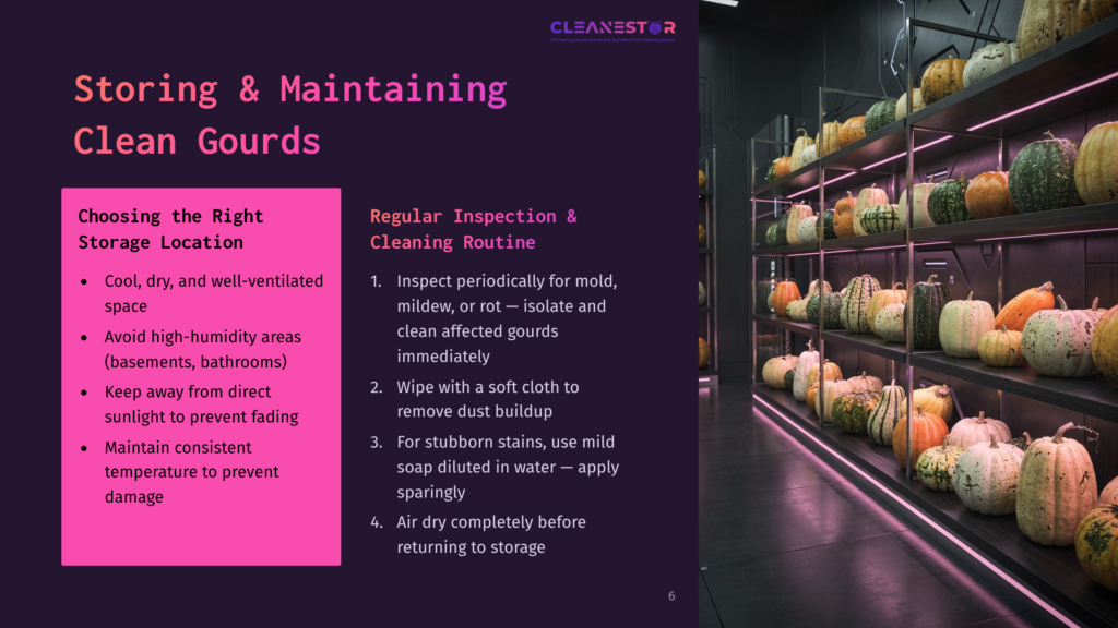 A Well-Lit Display Of Various Gourds On Shelves, Showcasing Vibrant Colors And Textures Against A Dark Background, With Cleaning Tips Beside.
