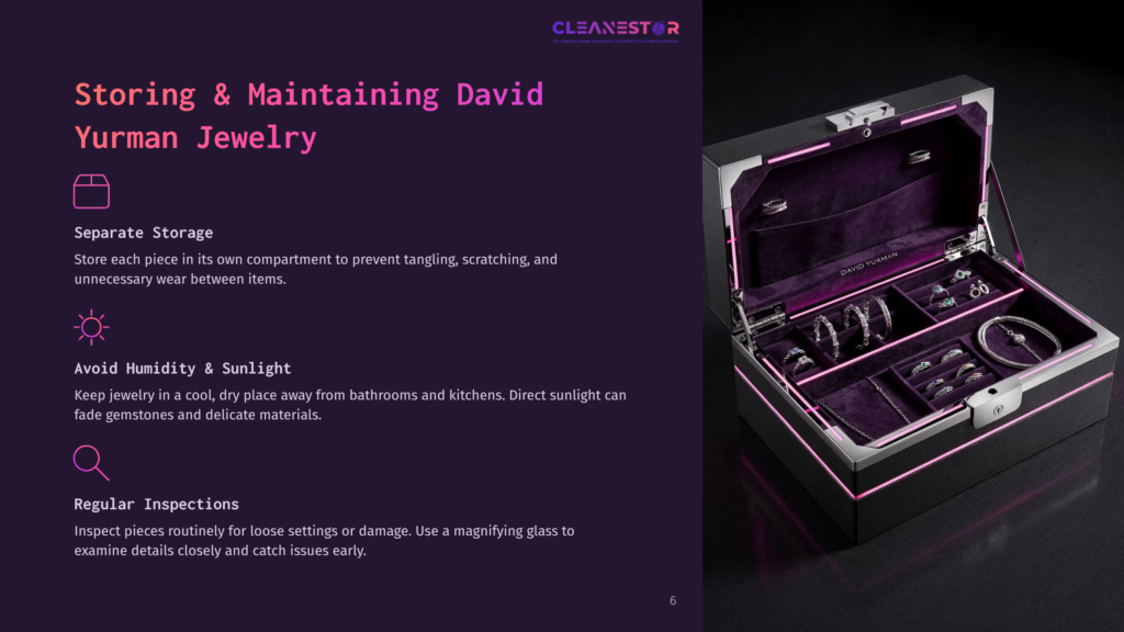 Jewelry Box With A Velvet Interior, Displaying Organized David Yurman Pieces; Dark Purple Background, Pink Accents, And Maintenance Tips.