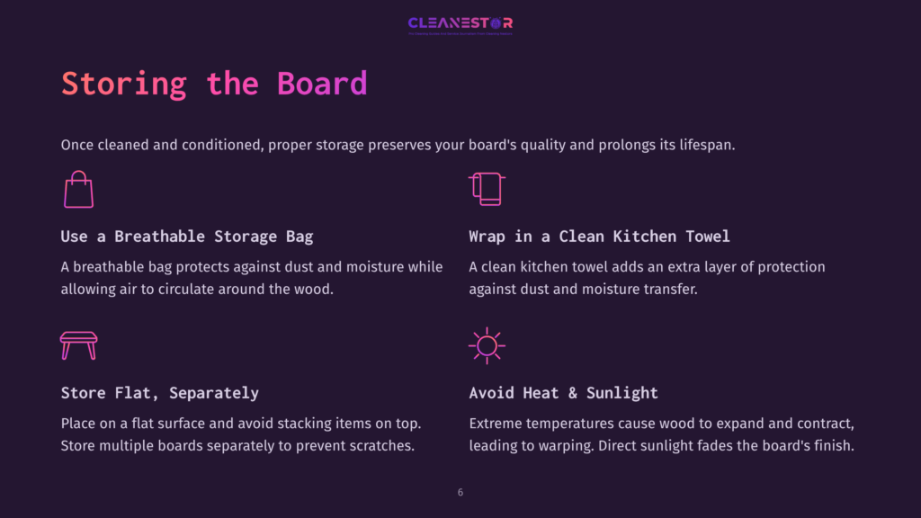 Infographic Titled &Quot;Storing The Board&Quot; With Tips On Proper Board Storage: Use A Breathable Storage Bag, Wrap In A Clean Kitchen Towel, Store Flat Separately, And Avoid Heat &Amp; Sunlight.