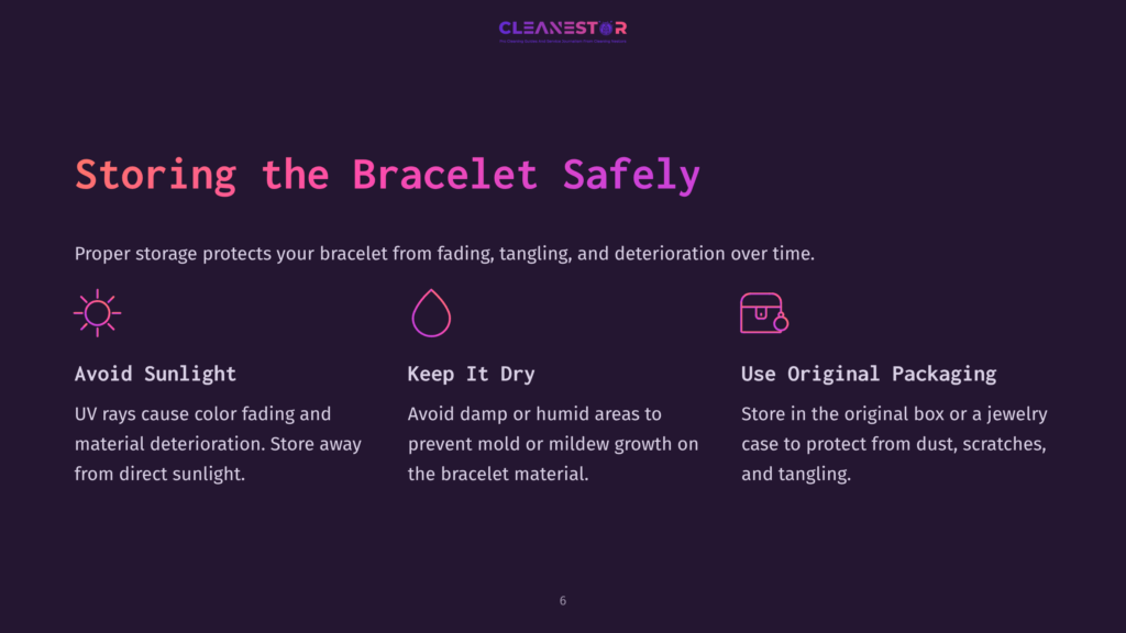 Text On A Dark Purple Background Advising On Bracelet Care, With Pink Headings Highlighting Storage Tips To Prevent Damage.