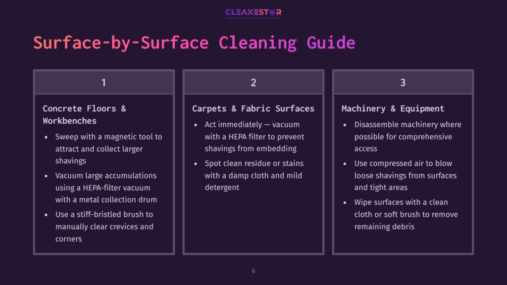 A Graphic Titled &Quot;Surface-By-Surface Cleaning Guide&Quot; With Three Columns: 1. Concrete Floors &Amp; Workbenches, 2. Carpets &Amp; Fabric Surfaces, And 3. Machinery &Amp; Equipment, Detailing Cleaning Methods.