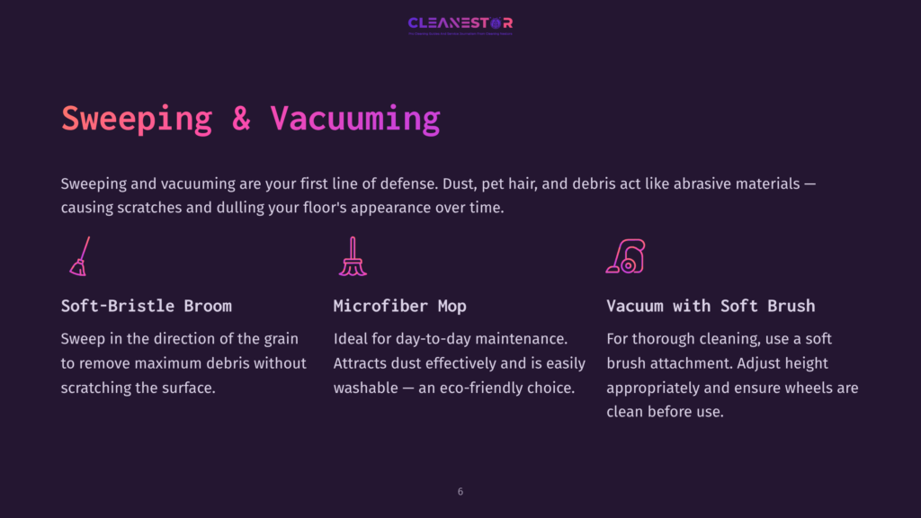 Illustration Showing Cleaning Tools: A Soft-Bristle Broom, A Microfiber Mop, And A Vacuum With A Soft Brush Attachment On A Dark Background.