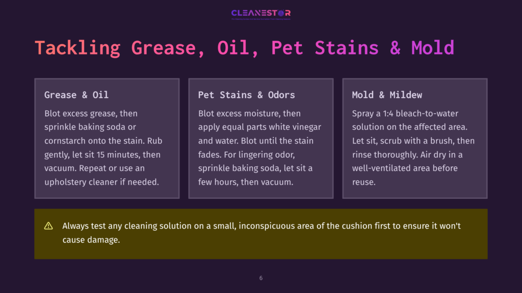 6 Tackling Grease Oil Pet Stains And Mold Image With Text Detailing How To Tackle Grease, Oil, And Pet Stains, As Well As Mold And Mildew, On Upholstery With Cleaning Solutions.