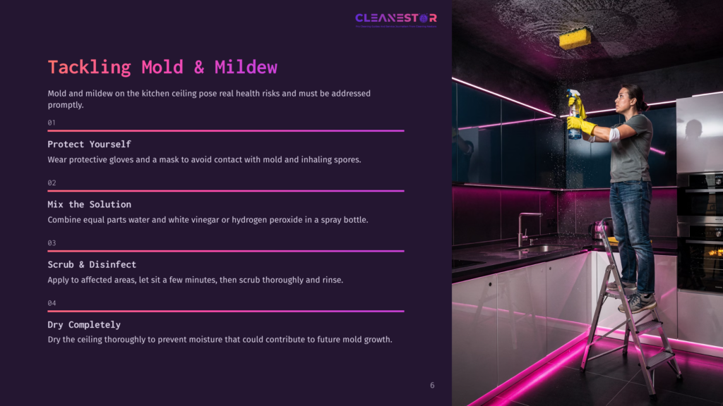 A Person Cleaning A Dark Kitchen Ceiling With A Spray Bottle While Standing On A Step Ladder, Surrounded By Purple-Lit Cabinets And Counter.