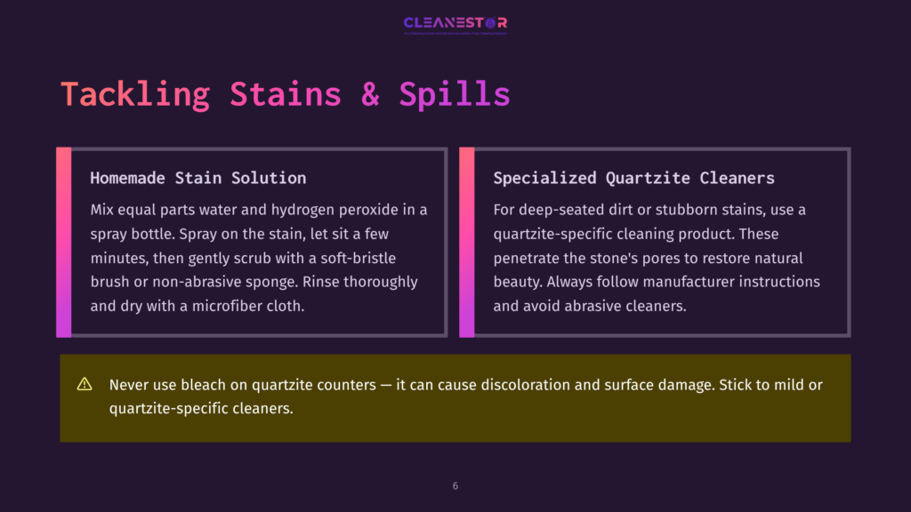 6 Tackling Stains And Spills Two Panels On A Dark Purple Background: &Quot;Homemade Stain Solution&Quot; With Instructions For Cleaning Quartzite, And &Quot;Specialized Quartzite Cleaners&Quot; With Advice For Stubborn Stains. A Yellow Warning Banner At The Bottom States &Quot;Never Use Bleach On Quartzite Counters.