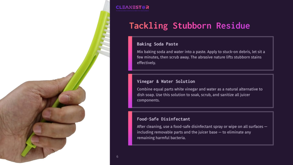 A Bright Green Cleaning Brush With White Bristles Is Held In A Hand, Ready To Tackle Stubborn Residue. Text On The Right Side Of The Image Lists Cleaning Solutions: Baking Soda Paste, Vinegar &Amp; Water Solution, And Food-Safe Disinfectant.