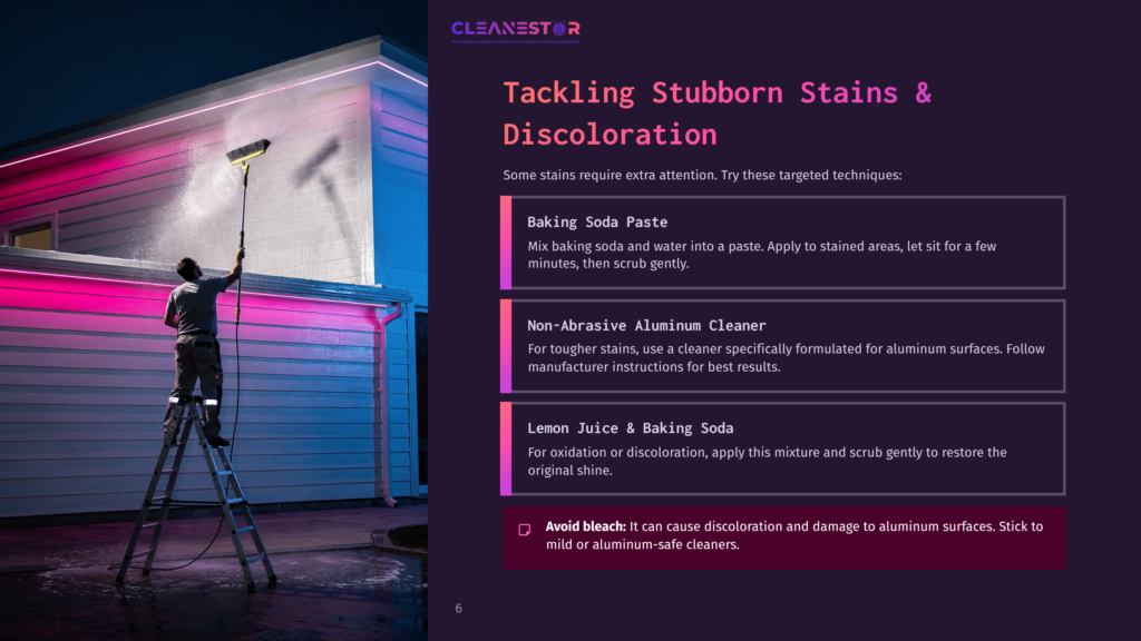 6 Tackling Stubborn Stains And Discoloration Cleanestor Logo At The Top Of A Dark Purple Slide With Text About Tackling Stubborn Stains And Discoloration On Aluminum Surfaces. A Person In A Red Shirt And Blue Jeans Is On A Ladder, Cleaning A White Vinyl-Sided House At Night With A Power Washer.