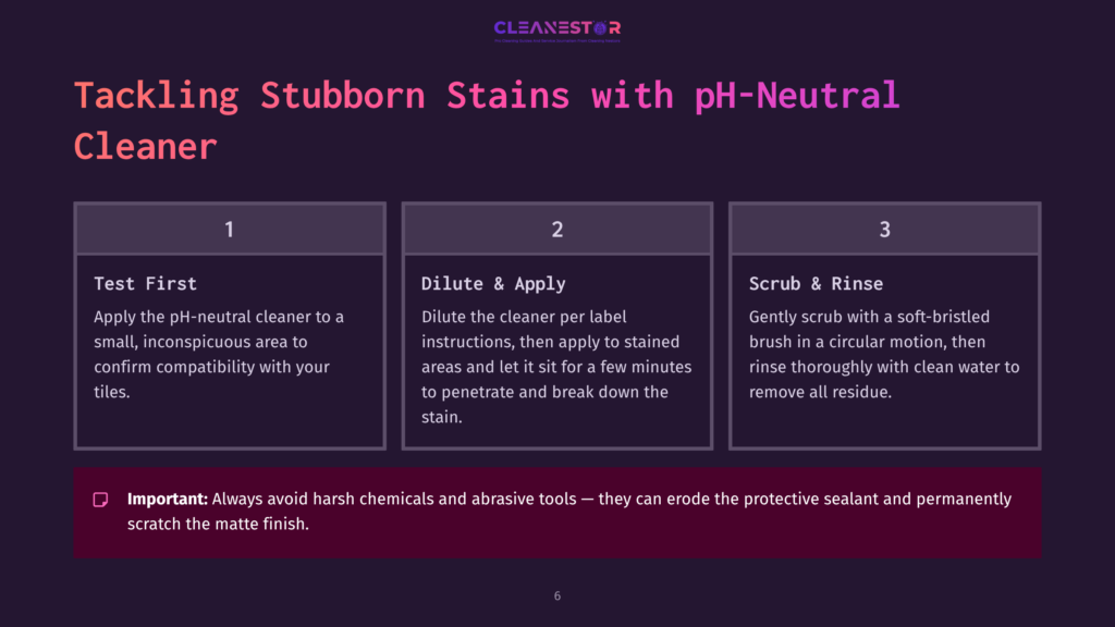 Visual Instruction Guide With Numbered Steps For Cleaning Matte Porcelain Tiles, Featuring A Dark Background And Purple Accents.