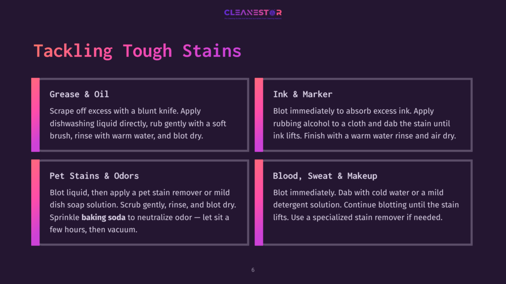 Four Sections On A Dark Purple Background With The Cleanestor Logo At The Top, Detailing How To Tackle Tough Stains: Grease &Amp; Oil, Ink &Amp; Marker, Pet Stains &Amp; Odors, And Blood, Sweat &Amp; Makeup.