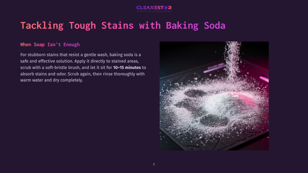 A Close-Up Of A Cutting Mat With Baking Soda Sprinkled On It, Next To A Soft Brush, Highlighting Cleaning Instructions For Tough Stains.