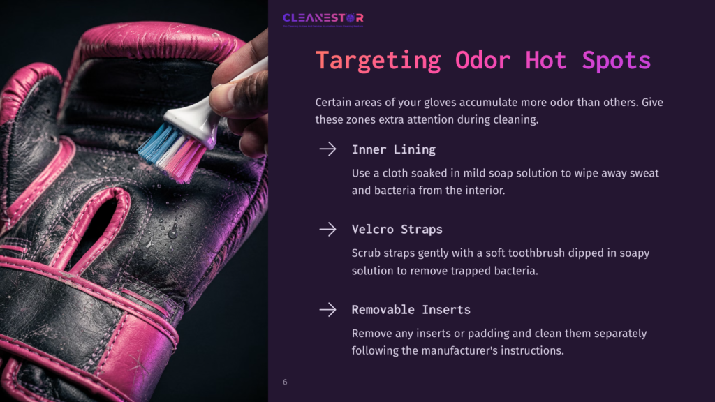 Close-Up Of A Hand Cleaning The Inside Of A Pink And Black Boxing Glove With A Brush, Highlighting Odor-Prone Areas.