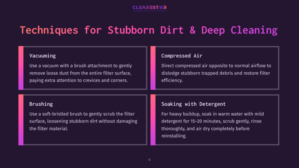 6 Techniques For Stubborn Dirt And Deep Cleaning Infographic Detailing Techniques For Stubborn Dirt And Deep Cleaning: Vacuuming, Brushing, Compressed Air, And Soaking With Detergent. The Cleanestor Logo Is At The Top.