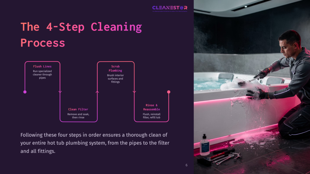 A Man In Black Gloves Cleans A Hot Tub With Pink Led Lights, Using A Brush To Scrub The Interior Surfaces. Text On The Left Outlines The 4-Step Cleaning Process: Flush Lines, Scrub Plumbing, Clean Filter, Rinse &Amp; Reassemble.