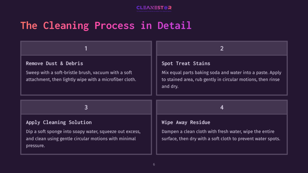 Infographic Detailing The Four-Step Cleaning Process: 1. Remove Dust &Amp; Debris, 2. Spot Treat Stains, 3. Apply Cleaning Solution, 4. Wipe Away Residue.