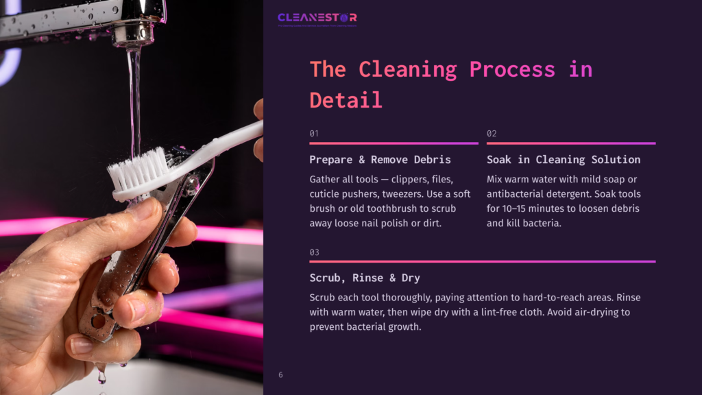 A Person&Amp;Apos;S Hand Holds Nail Clippers Under A Running Faucet, With A Toothbrush Ready To Scrub Away Nail Polish And Debris. The Image Illustrates The First Step Of A Cleaning Process.