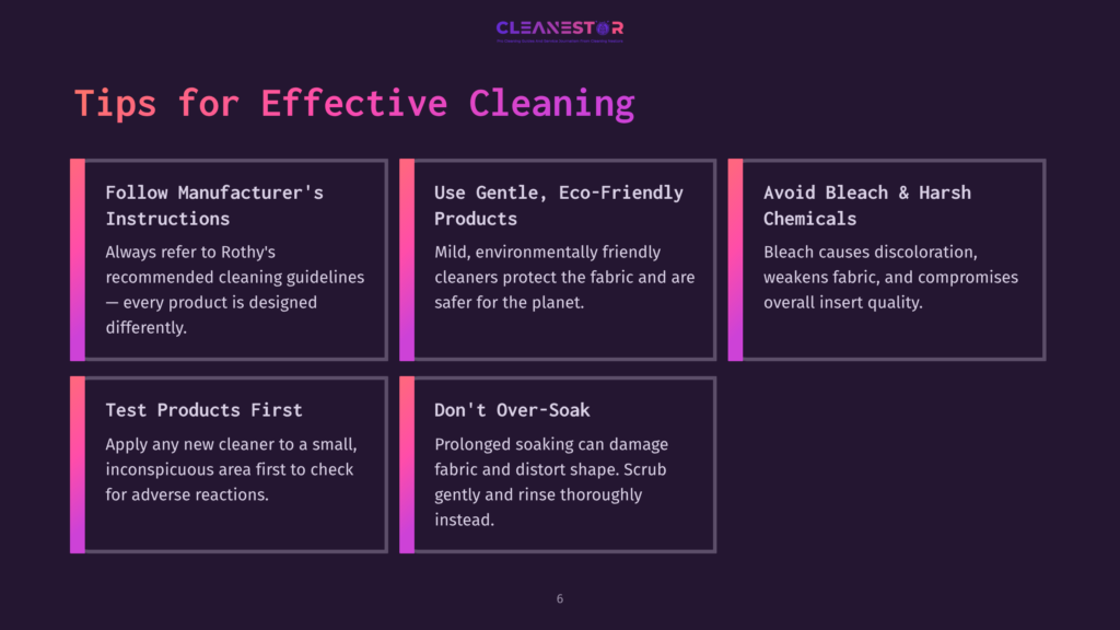 Text-Heavy Infographic Featuring Tips On Cleaning Rothys Inserts, Using Blue And White Colors With Bullet Points For Clarity.