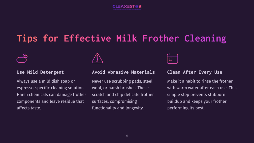 Textual Tips In Pink And White On A Dark Purple Background, Outlining Effective Cleaning Methods For Milk Frothers.