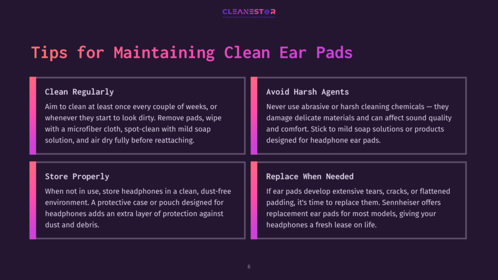 Tips For Maintaining Clean Ear Pads Displayed In Purple And White Text On A Dark Background, Featuring Four Key Maintenance Steps.