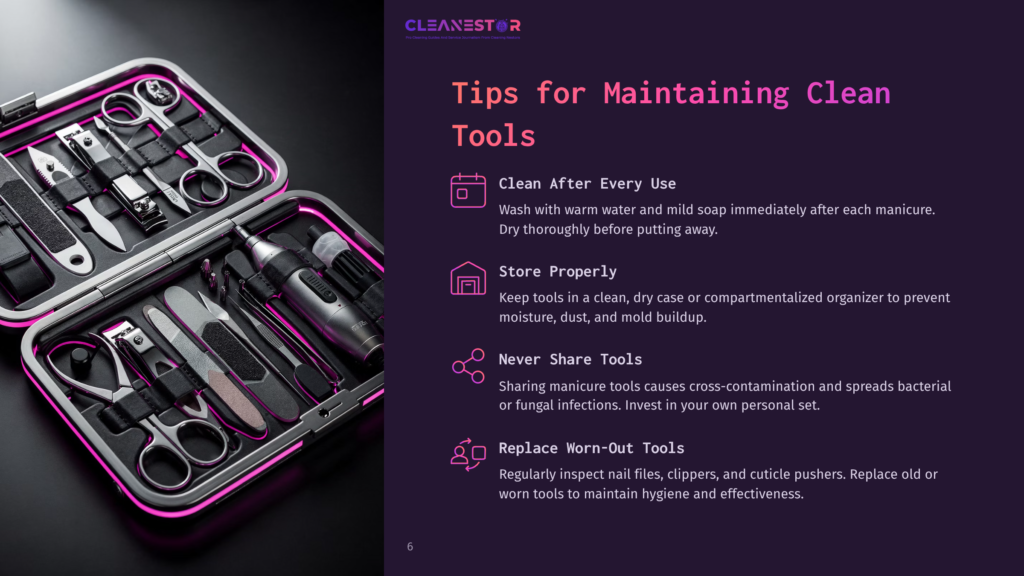 A Neatly Arranged Set Of Manicure Tools In A Pink And Black Case, Alongside Key Tips For Maintaining Hygiene And Tool Care.