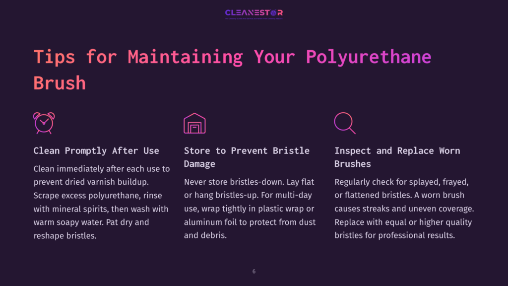 6 Tips For Maintaining Your Polyurethane Brush Graphic With A Dark Purple Background Featuring Three Icons And Corresponding Text Highlighting Tips For Maintaining A Polyurethane Brush.