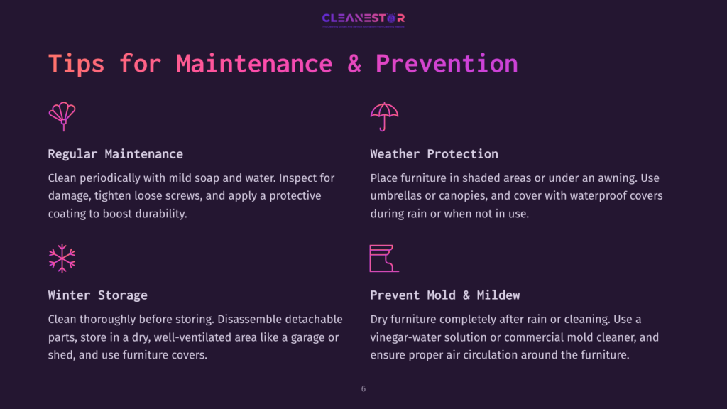 Cleanestor Logo And &Quot;Tips For Maintenance &Amp; Prevention&Quot; Heading. Sections Cover Regular Maintenance, Weather Protection, And Winter Storage With Icons And Descriptive Text.