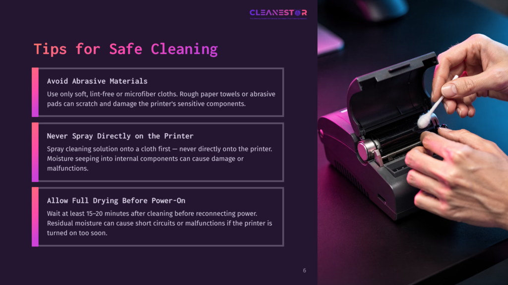 A Thermal Printer With A Cleaning Cloth Being Used, Surrounded By Essential Cleaning Tips In A Mix Of Purple And Black Layout.