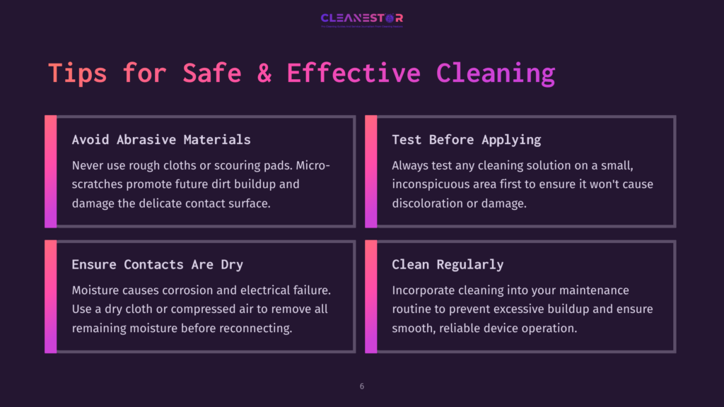 Tips For Safe &Amp; Effective Cleaning: Avoid Abrasive Materials, Test Before Applying, Ensure Contacts Are Dry, Clean Regularly. Dark Purple Background With Light Purple Text And Pink Highlights.