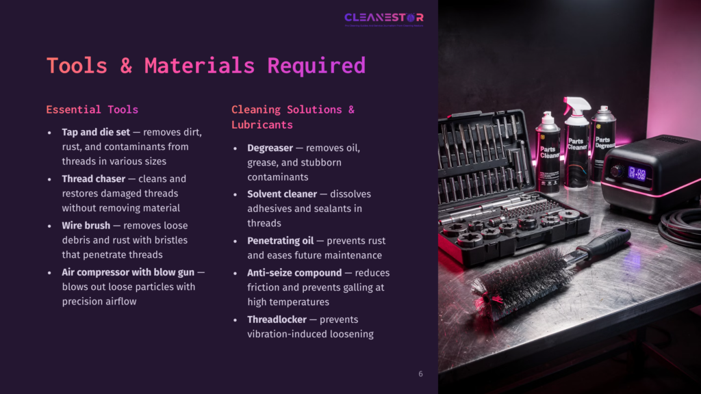 Tools And Cleaning Solutions For Thread Maintenance: Tap And Die Set, Wire Brush, Air Compressor, Degreaser, Solvent Cleaner, Anti-Seize Compound, And Threadlocker.