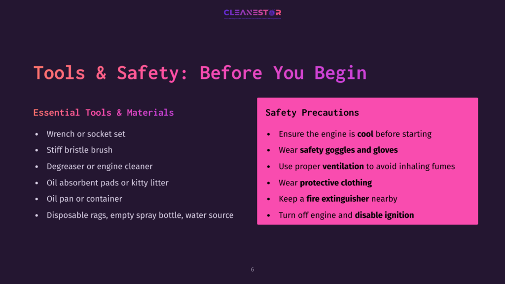 Slide Titled &Quot;Tools &Amp; Safety: Before You Begin&Quot; Lists Essential Tools Like Wrench, Brush, Degreaser, And Oil Absorbent Pads, Alongside Safety Precautions Such As Wearing Cool Safety Goggles, Gloves, And Protective Clothing, And Using A Fire Extinguisher.