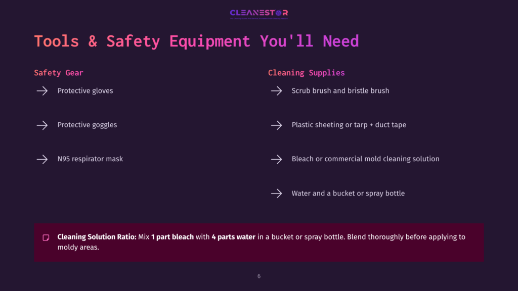 Illustration Of Tools And Supplies For Cleaning, Featuring Protective Gear, Brushes, Sheeting, Bleach, And A Mixing Ratio For A Cleaning Solution.