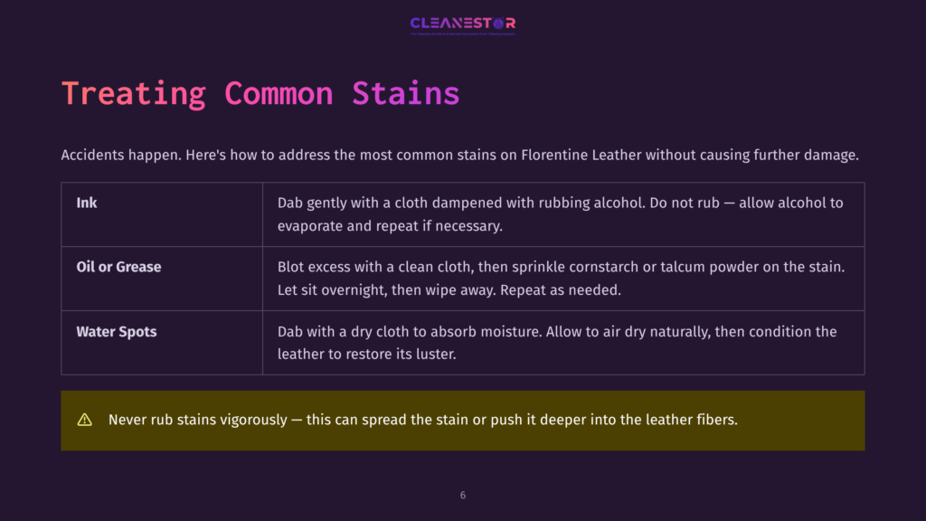 Table With Instructions On Treating Common Stains On Florentine Leather: Ink, Oil Or Grease, And Water Spots. Includes A Warning About Never Rubbing Stains.