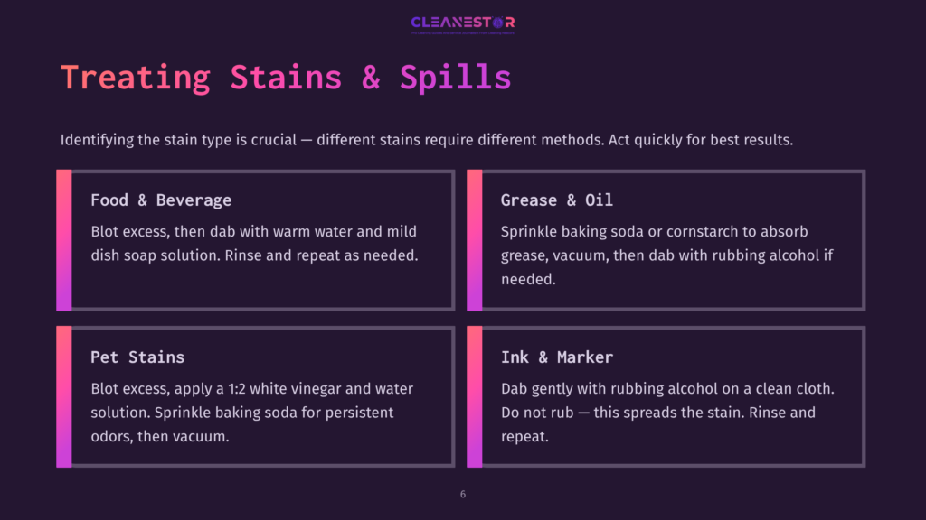 Four Colorful Boxes Outlining Methods For Treating Various Stains: Food, Grease, Pet Stains, And Ink/Marker, With Tips In White Text.