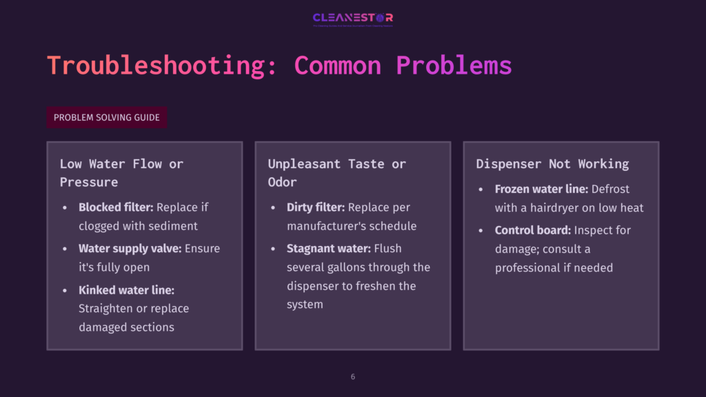 Troubleshooting Common Problems With A Water Dispenser: Low Water Flow, Unpleasant Taste, And Dispenser Not Working. Includes Solutions Like Checking Filters, Water Lines, And Control Boards.