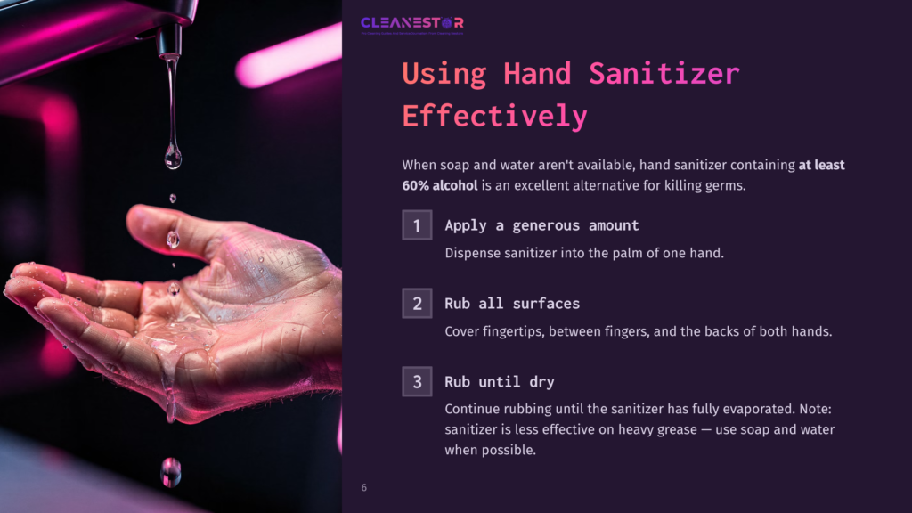Close-Up Of A Hand Being Washed Under A Faucet With Running Water, With Text Overlay About Using Hand Sanitizer Effectively.