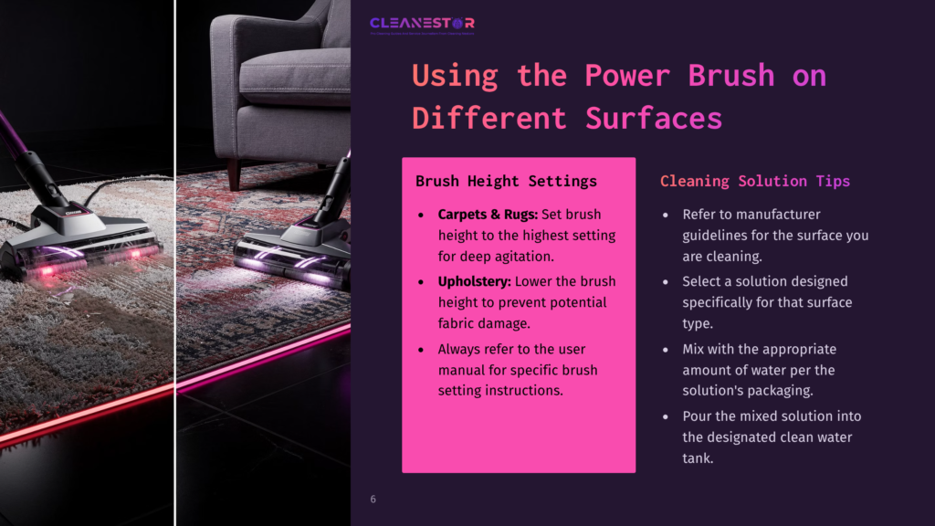 Cleanestor Power Brush On Different Surfaces: Adjusting Carpet And Upholstery Height Settings For Effective Cleaning, With Cleaning Solution Tips.