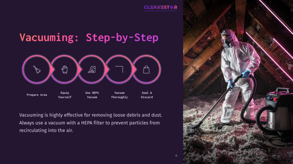 A Person In Protective Gear Vacuums Insulation In An Attic, With Icons Illustrating Preparation, Equipment, Vacuuming, And Sealing.