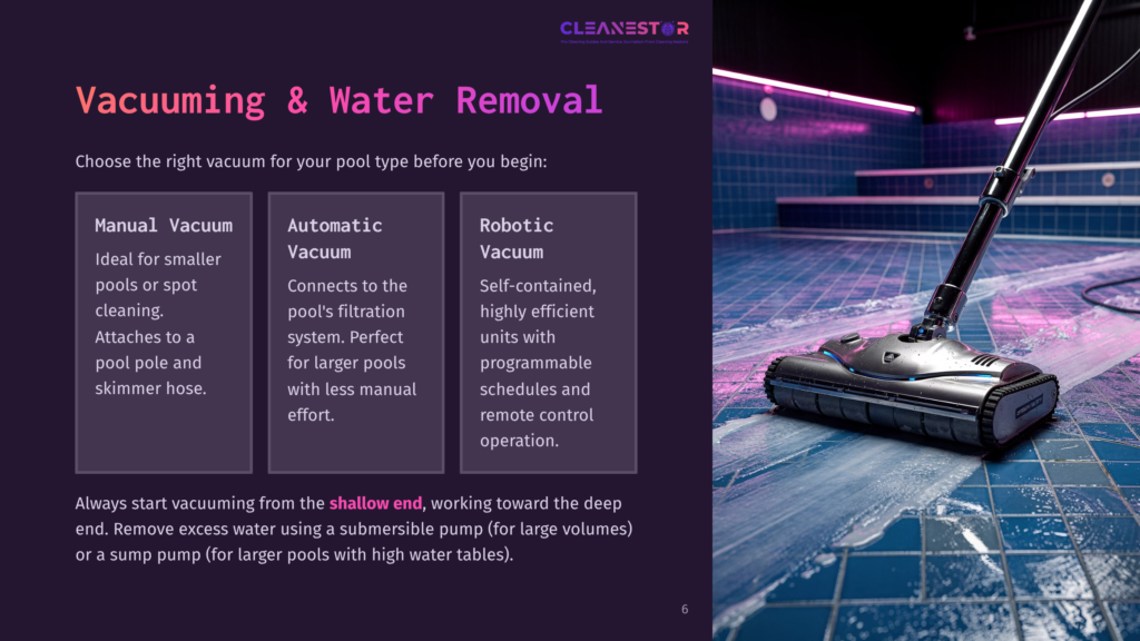 Illustration Of A Robotic Vacuum Cleaner On A Wet Pool Surface, With Purple Lighting Reflecting Off Tiles And Water.
