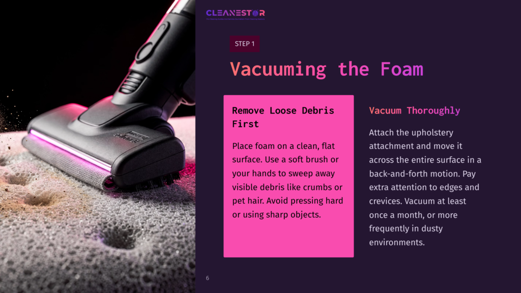 Close-Up Of A Vacuum Cleaner Upholstery Attachment With Bristles On A Textured, Foamy Surface. Text Reads &Quot;Vacuuming The Foam&Quot; And &Quot;Remove Loose Debris First.