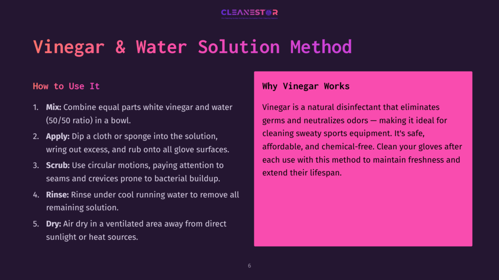 A Step-By-Step Guide On Cleaning Kickboxing Gloves Featuring A Pink Box Explaining Vinegar’s Effectiveness, With Instructions In Black Text.